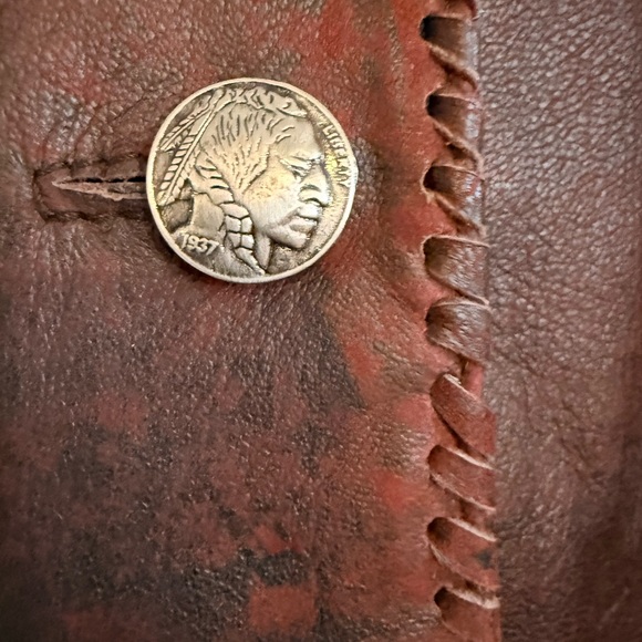 STUNNING! Tribe America Brown Leather Turquoise Suede Inset Whipstitch Jacket - Picture 6 of 10